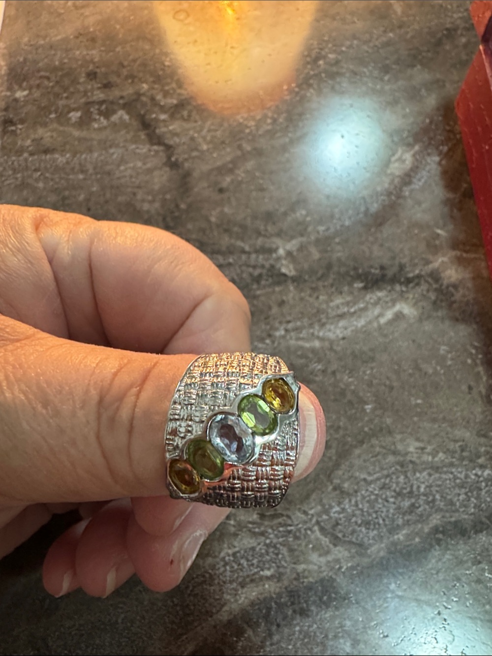 Sterling Silver Textured Multi-Gemstone Wide Band Ring - Green Accent